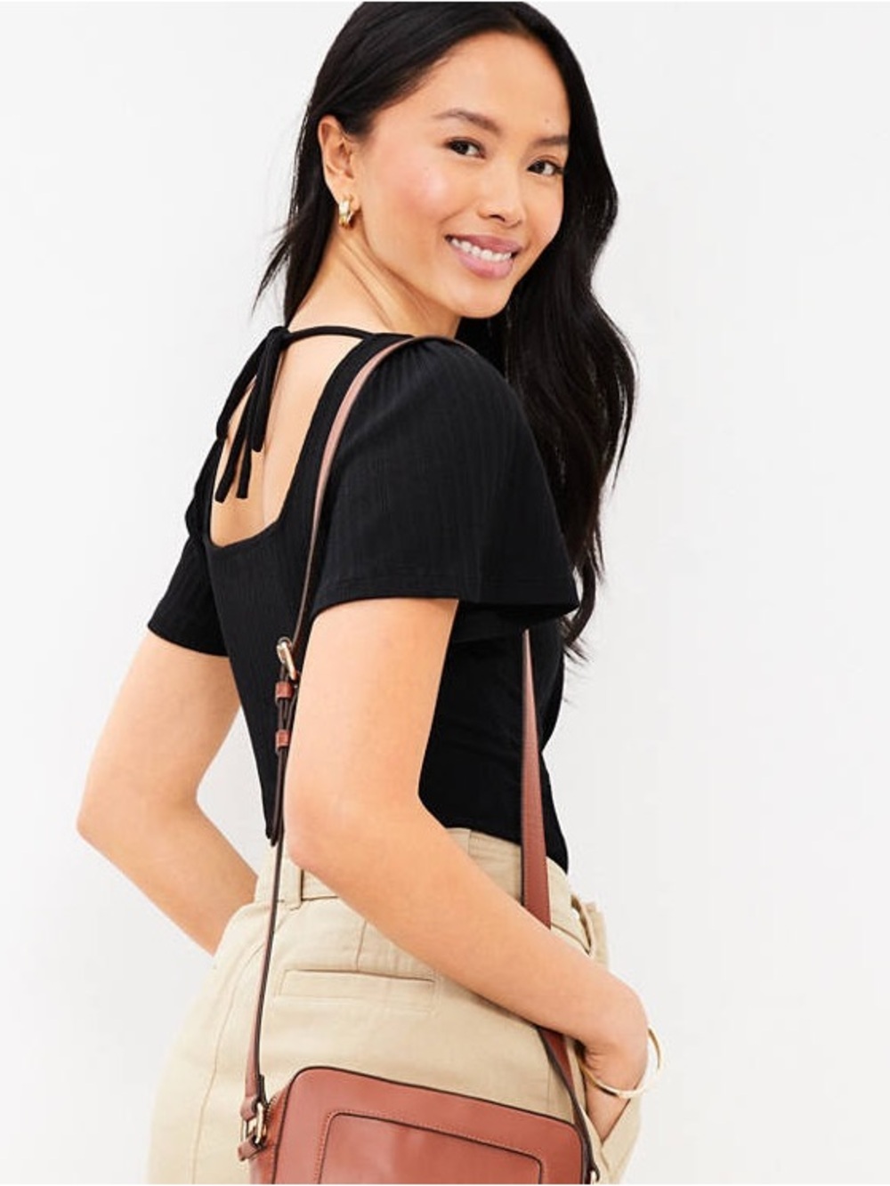 LOFT NWT Black Short-Sleeve Square-Neck Top with Back Tie XS